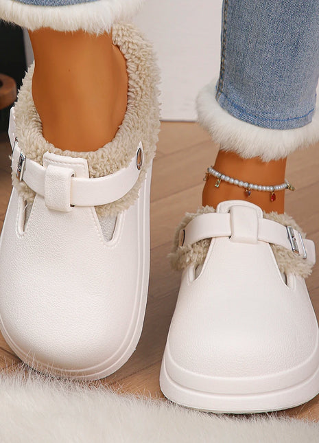 Waterproof Eva Furry Mules Slippers Women 2025 Winter Metal Buckle Warm Plush Slippers Soft Thick Bottom Non Slip Indoor Slides