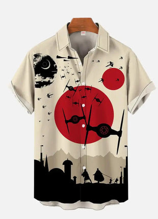 Men's Space Ship and Warrior Silhouette Print Casual Shirt - Short Sleeve, Summer Button- XL Foxbrzks Store