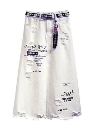 White Denim Letter Print Long Skirt Salty-Candy Store