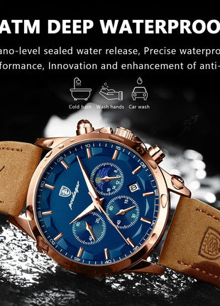 POEDAGAR Men Quartz Watch Luxury Sports Waterproof Chronograph Luminous Date Man Wristwatch Business Leather Men's Watches Clock Stone's Store