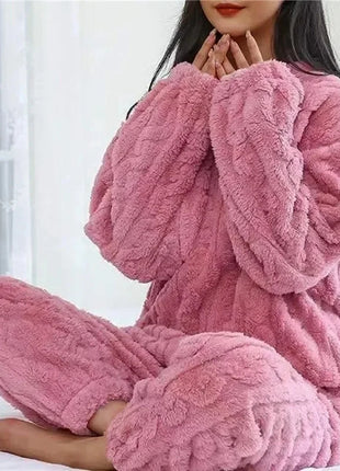 Soft Coral Velvet Jacquard Warm Pajama Set for Women Cozy Loungewear Outerwear for Winter Christmas Back to School Gift ﻿ Trendora Store
