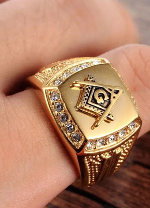 Master Mason Blue Lodge Ring - 316L Stainless Steel Gold Square & Compass Stone's Store