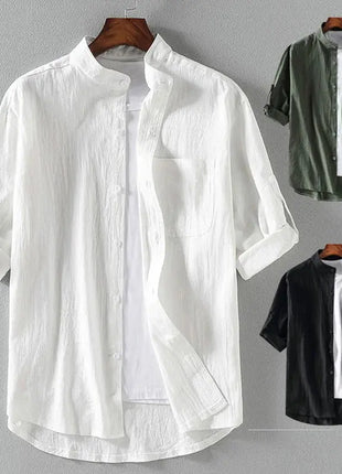 Spring and Summer Stand Collar Five-point Mid-sleeve Fashionable Men's Short-sleeved Shirt Seven-point Sleeve Large Size Men's Lincici Store