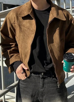 Threebooy Elegant Solid Brown Coat Men's Spring Autumn High-end Loose Lapel Plush Top Winter New Zipper Short Jacket Vintage Streetwear All-in-One Store