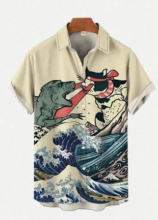 Men's Space Ship and Warrior Silhouette Print Casual Shirt - Short Sleeve, Summer Button- XL Foxbrzks Store