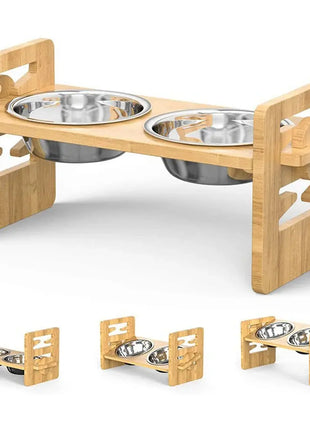 2PCS Bamboo And Wood Adjustable Cat And Dog Feeding Rack Cat Bowl Feeder Pet Bowl Stainless Steel Meal Rack Dropshipman