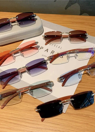 Rimless Wooden Pattern Sunglasses Shiny Apparel Store
