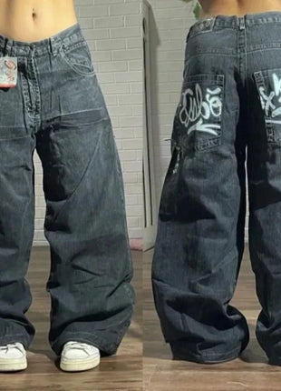 American Hip Hop Retro Gothic Print Jeans Women Y2K New Street Selling Fashion Loose Straight Wide Leg Pants Unisex Joker Jeans XiangMin Clothes Store