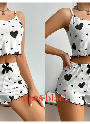 Women's Pajamas Set Sleepwear 2 PCS Short Tank Tops And Shorts S M L White Ventilate Soft Casual Love Printing Hottie Daily Store