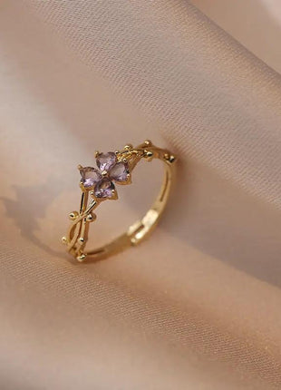 Elegant Literary Style Shiny Purple Zircon Four-petal Flower Ring boaoyouping Store