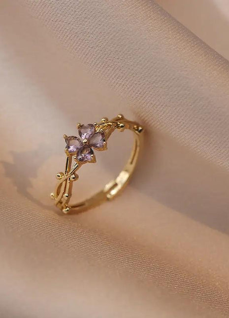 Elegant Literary Style Shiny Purple Zircon Four-petal Flower Ring boaoyouping Store