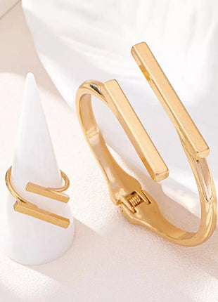 Adjustable 18K Gold-Plated Modern Bar Bracelet and Ring Jewelry Set NEULRY neulry Store